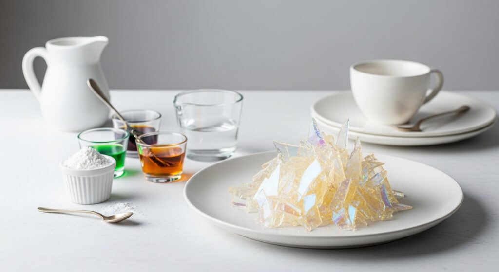 Gelatin Sequins crystal-style gelatin shards arranged on a white plate with ingredients and cups in a minimalist kitchen setting