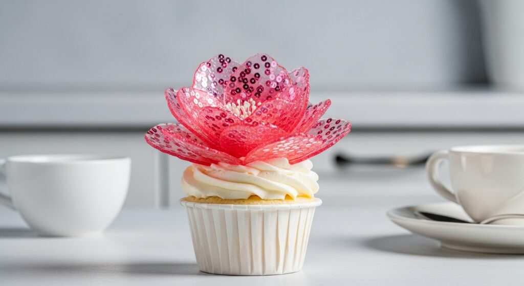 what are gelatin sequins Gelatin Sequins used as a red translucent flower decoration on a frosted cupcake in a clean modern kitchen environment