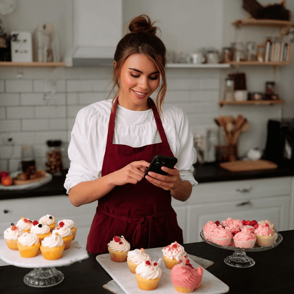 Maisie AllMuffins, a baker in a modern kitchen, wearing a burgundy apron and decorating cupcakes with her phone nearby.