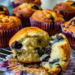 Golden blueberry yogurt muffins in colorful floral liners, with a fluffy interior and juicy blueberries inside, ready to eat.