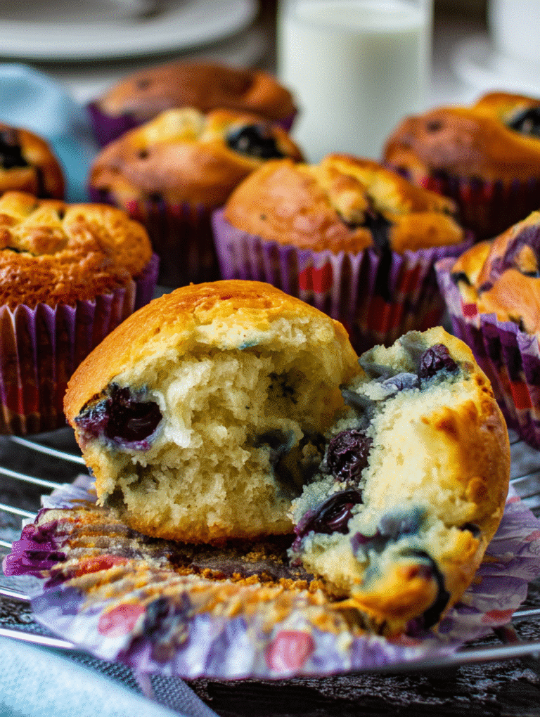Golden blueberry yogurt muffins in colorful floral liners, with a fluffy interior and juicy blueberries inside, ready to eat.