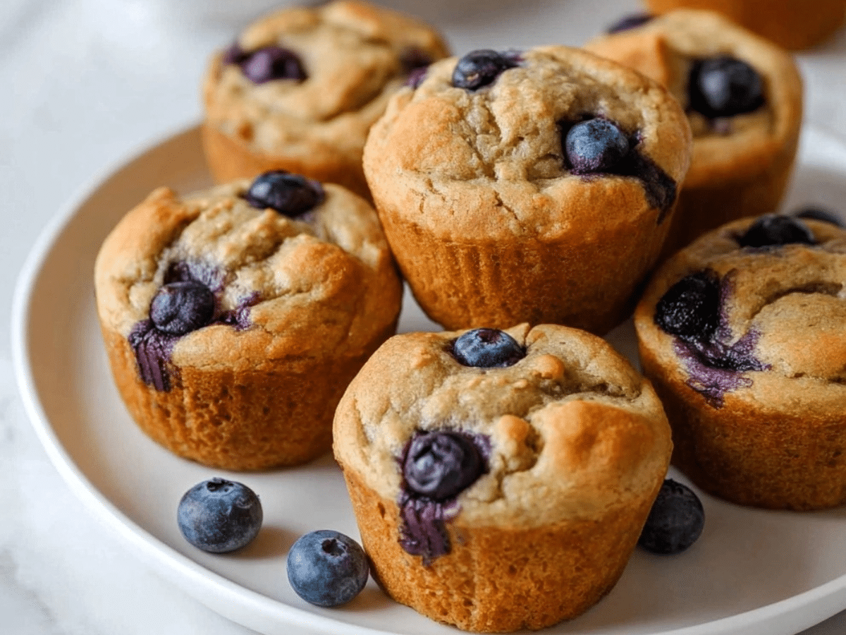 Cottage Cheese Blueberry Muffins close-up on white plate with fresh blueberries