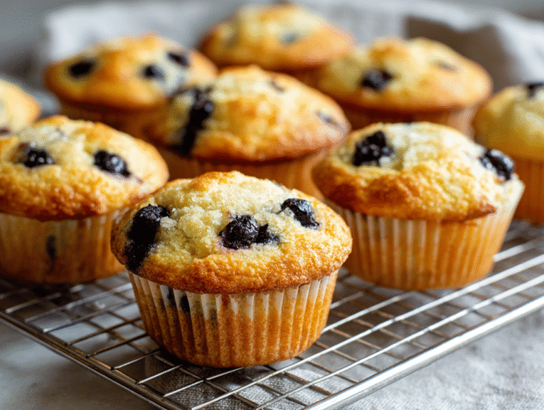 Freshly baked blueberry muffins with golden tops cooling on a wire rack