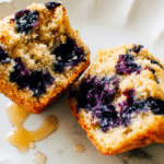 Close-up of a healthy blueberry muffin split in half, showing a moist crumb and bursting blueberries.