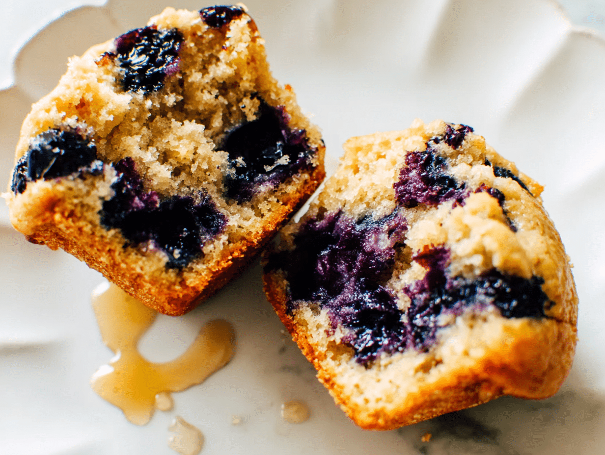 Close-up of a healthy blueberry muffin split in half, showing a moist crumb and bursting blueberries.