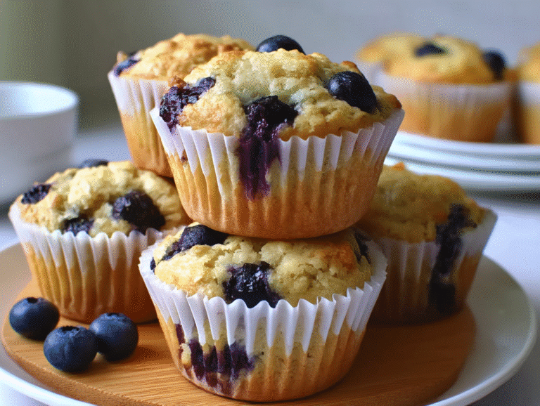 Freshly baked blueberry oatmeal muffins in white paper liners, stacked on a plate and surrounded by fresh blueberries.