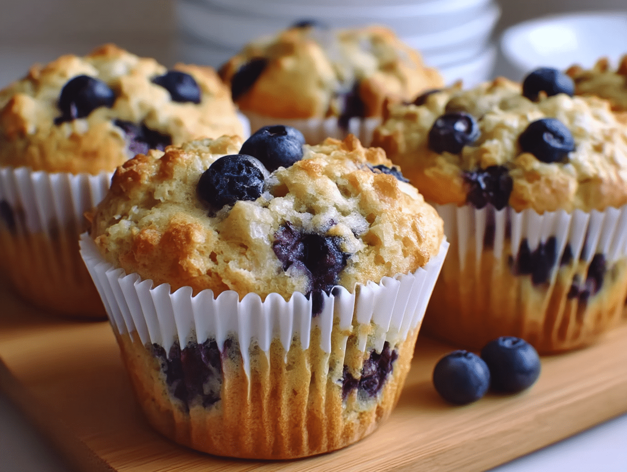 Freshly baked healthy blueberry muffins with golden tops and juicy blueberries.