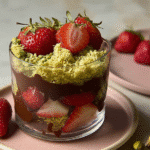 Strawberry Dubai chocolate cup with kataifi and pistachio topping