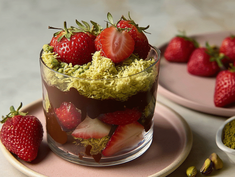 Strawberry Dubai chocolate cup with kataifi and pistachio topping