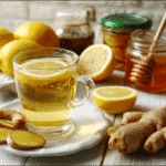 Homemade Mounjaro recipe in glass cup with lemon, ginger, and honey jars
