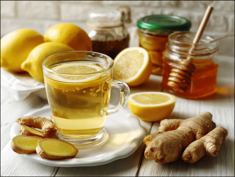 Homemade Mounjaro recipe in glass cup with lemon, ginger, and honey jars