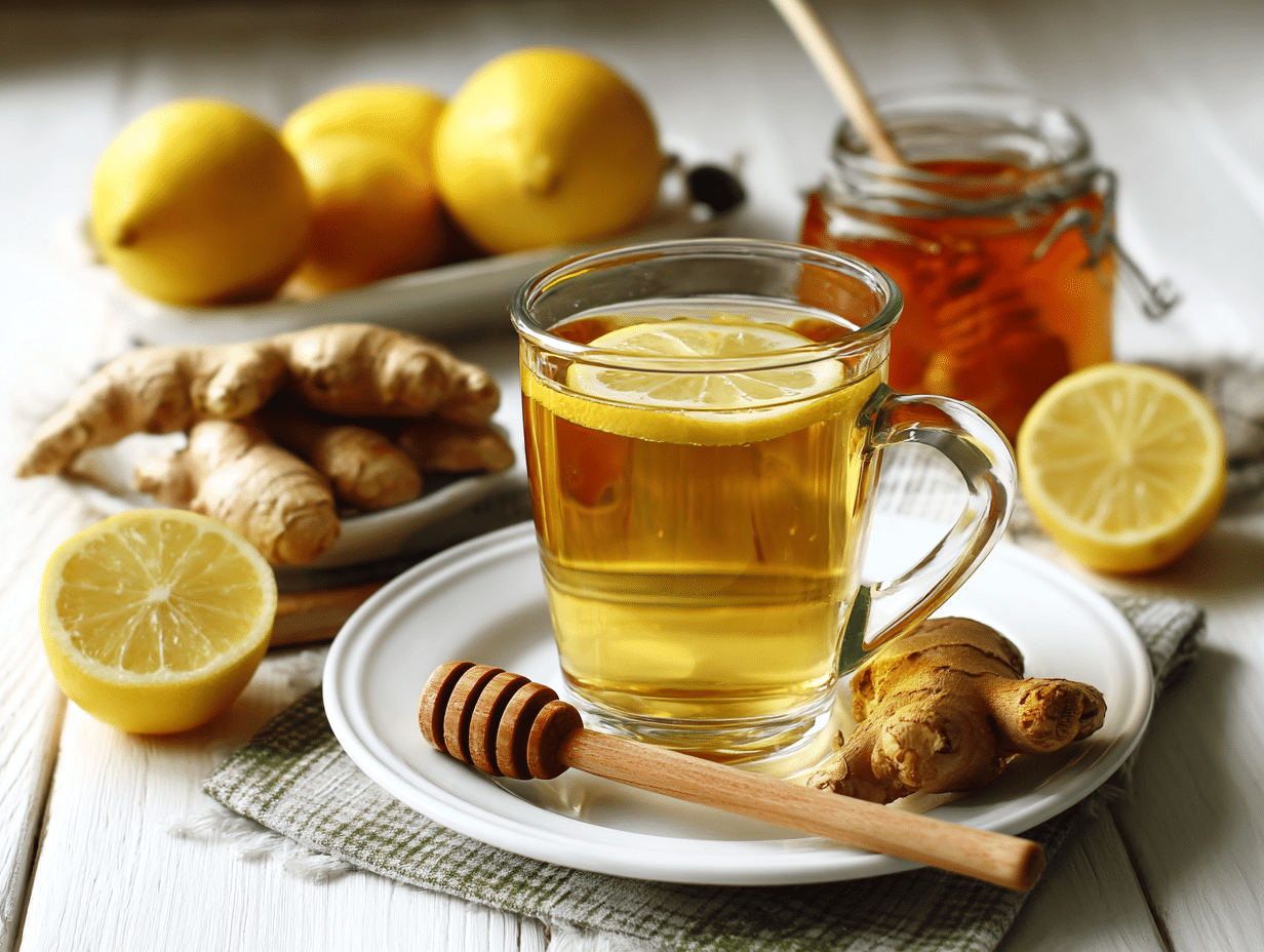 Homemade Mounjaro recipe with ginger, lemon, and honey in a glass cup