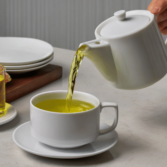 Japanese Mounjaro tea being poured into a white cup