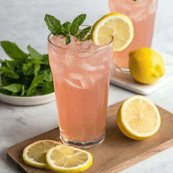 Japanese Pink Salt Weight Loss Recipe pink salt lemonade with lemon and mint.