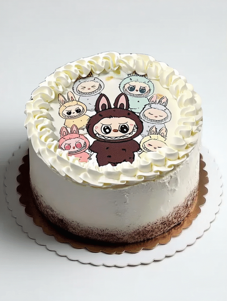Birthday cake decorated with Labubu and cartoon friends.