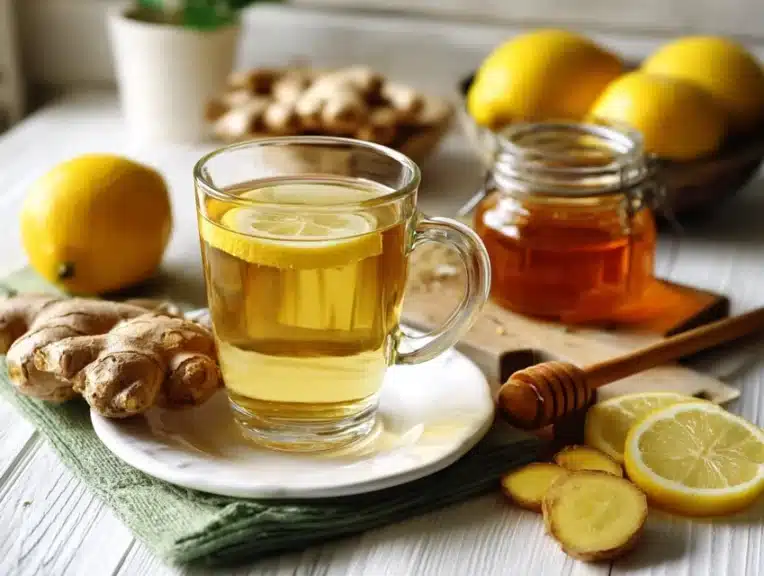Glass cup of lemon ginger tea with fresh ginger, lemon, and honey.