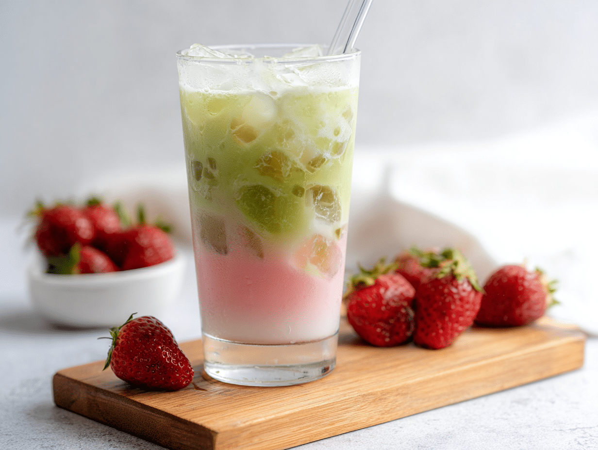 Iced strawberry matcha latte in a glass with fresh strawberries
