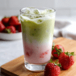 Layered strawberry matcha latte with ice and fresh strawberries