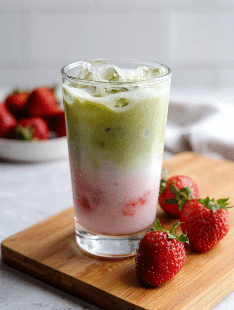 Layered strawberry matcha latte with ice and fresh strawberries