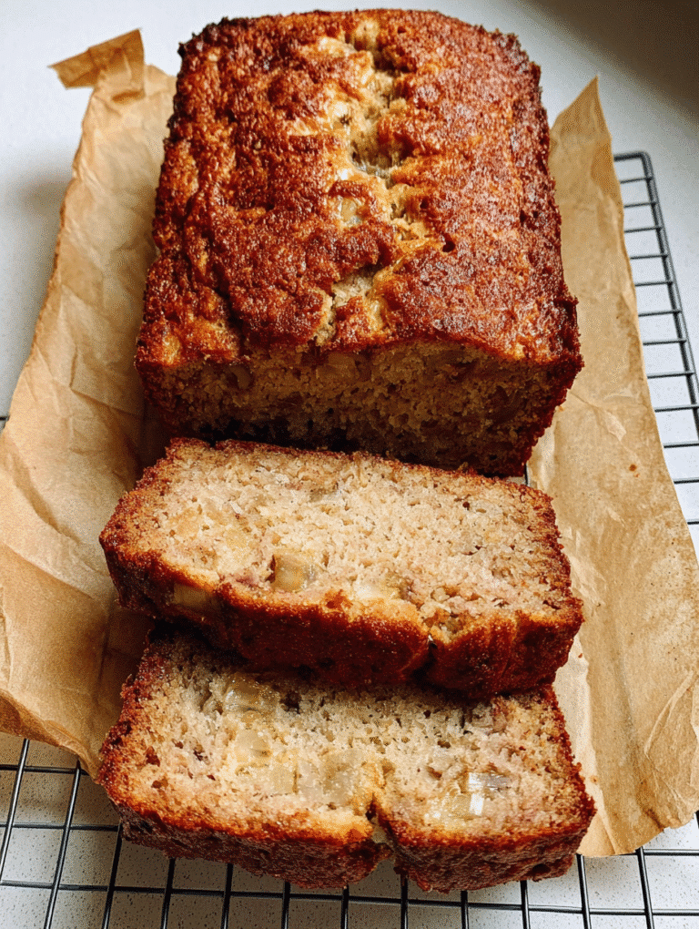 Sliced banana bread with cottage cheese on parchment in loaf pan