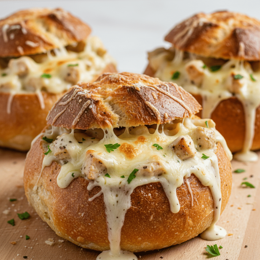 Chicken Alfredo Garlic Bread Bowls
