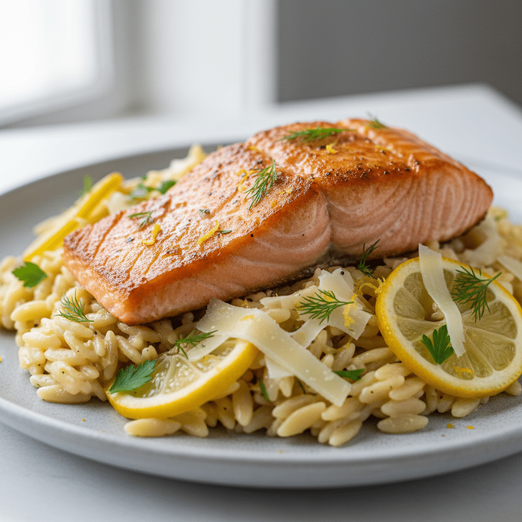 Seared Salmon Lemon Orzo