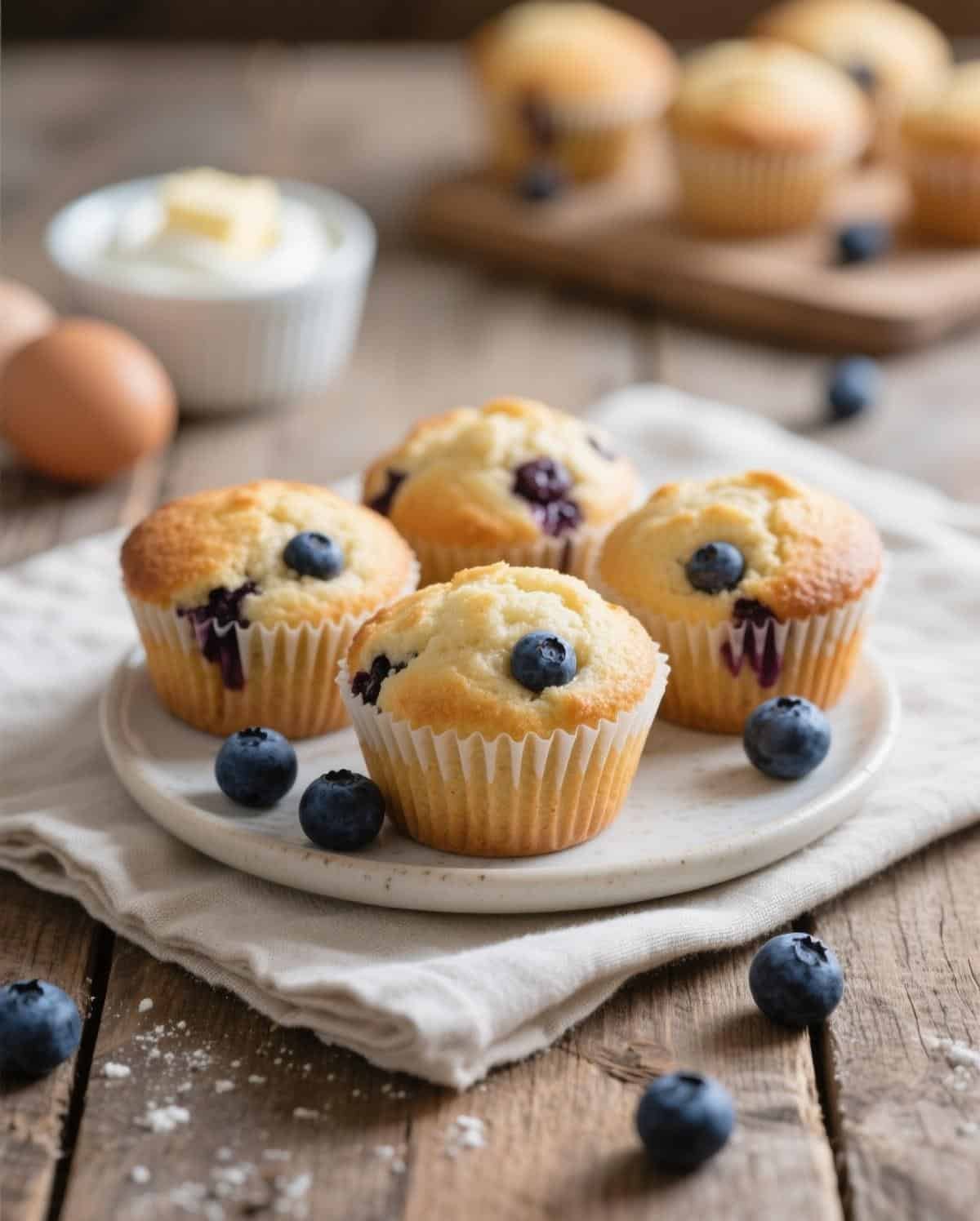 A hand offering a freshly baked blueberry sour cream muffin on a vintage plate