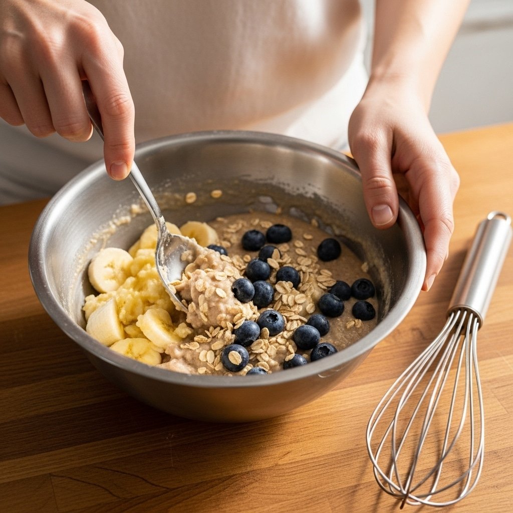 4 ingredient blueberry banana oatmeal muffins cooking ingredients close-up