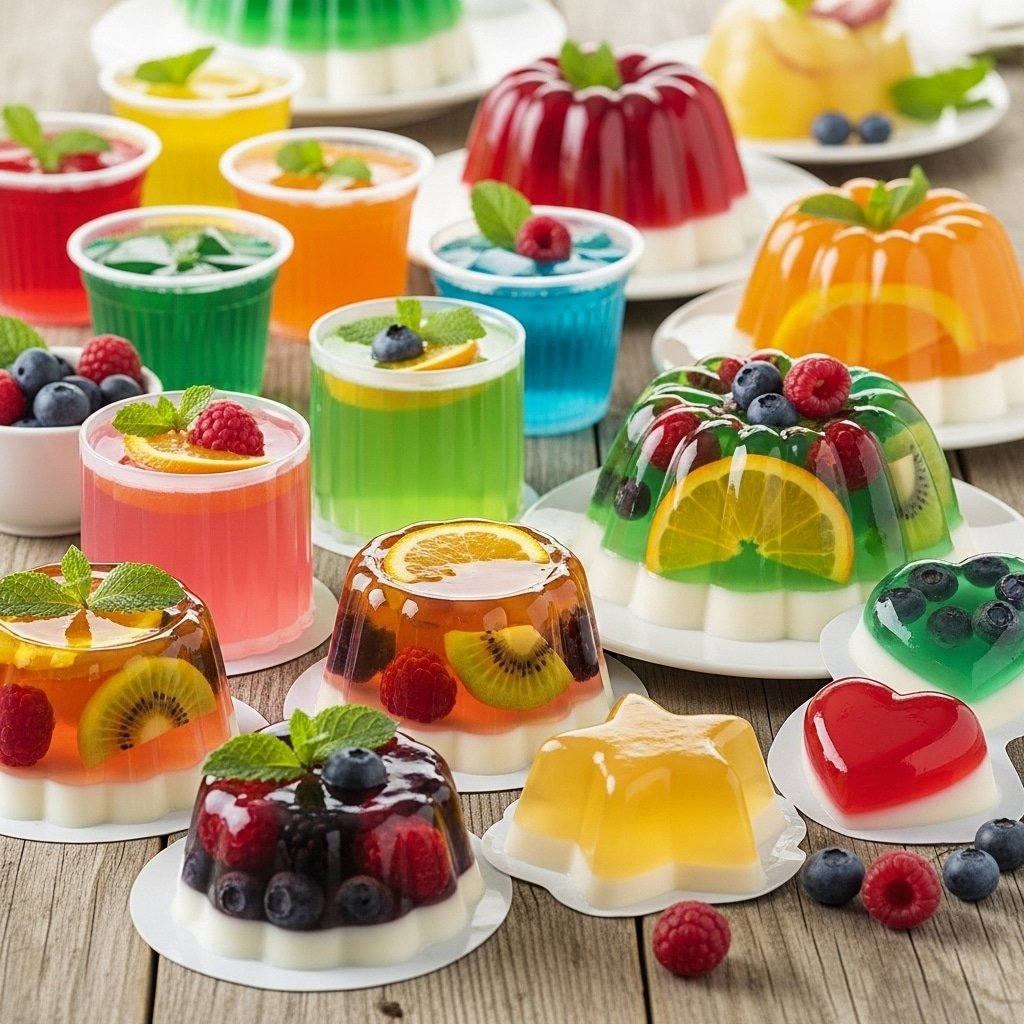 An assortment of colorful layered gelatin desserts with fruit inclusions, arranged in geometric shapes on a white background.