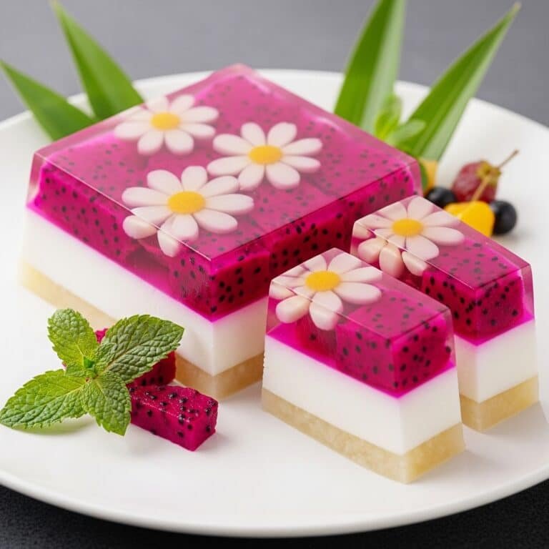 Creative Jello Desserts featuring layered dragon fruit jelly squares with floral inserts arranged on a white plate.