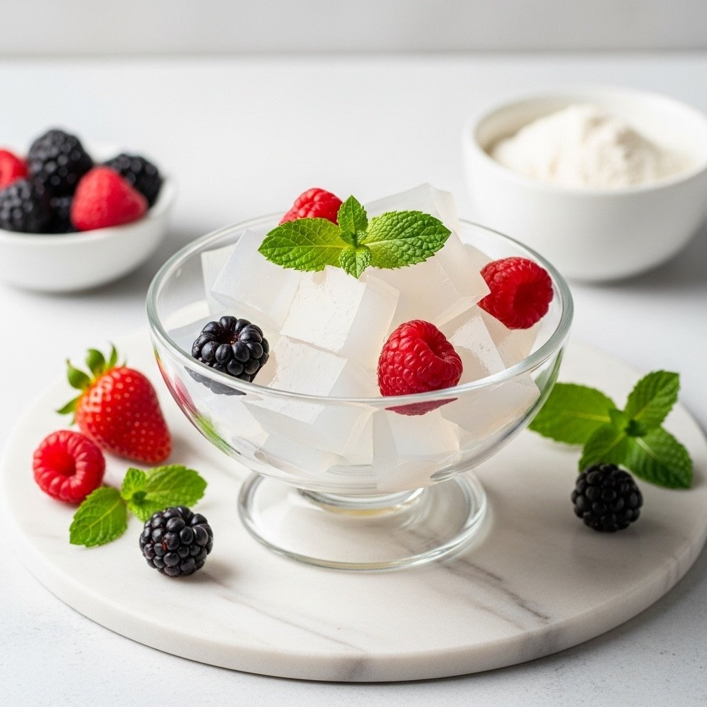 Clear jelly cubes in a glass bowl topped with raspberries, blackberries, a strawberry, and fresh mint on a light background.