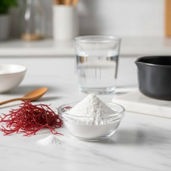 Glass bowl of white agar agar powder with dried red seaweed on a marble surface, water glass and kitchen tools in the background.