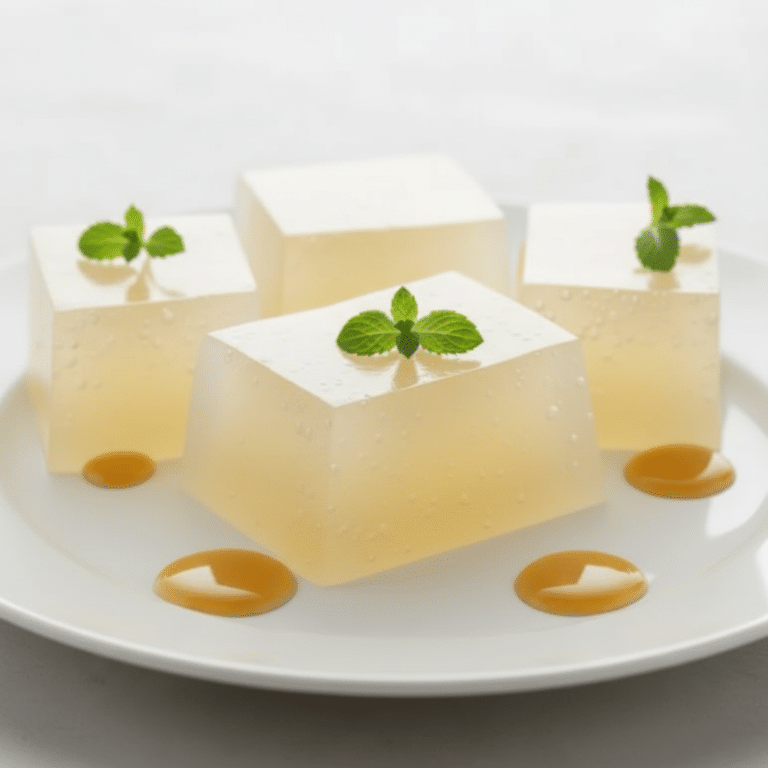 Translucent vanilla jelly cubes garnished with fresh mint leaves, served on a white plate with caramel-colored syrup dots.