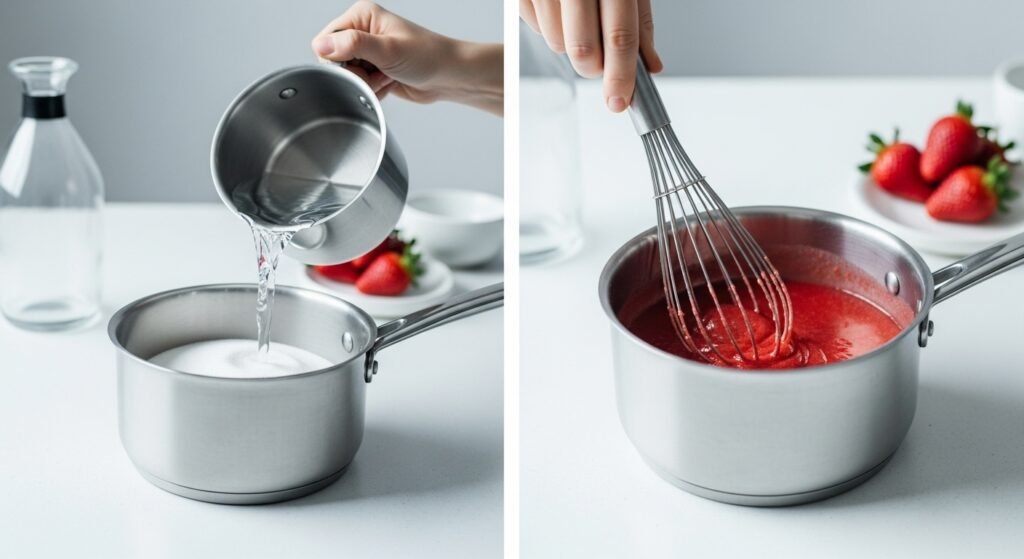 Gelatin Powder In Desserts step by step collage of water added to sugar and red gelatin mixture whisked in a saucepan