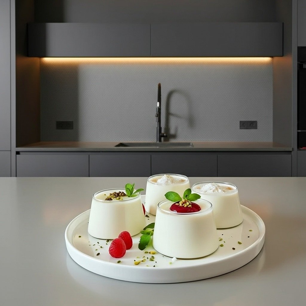 White milk gelatin molded dessert on a plate, topped with mint and crushed pistachio, with raspberries on the side in a modern kitchen