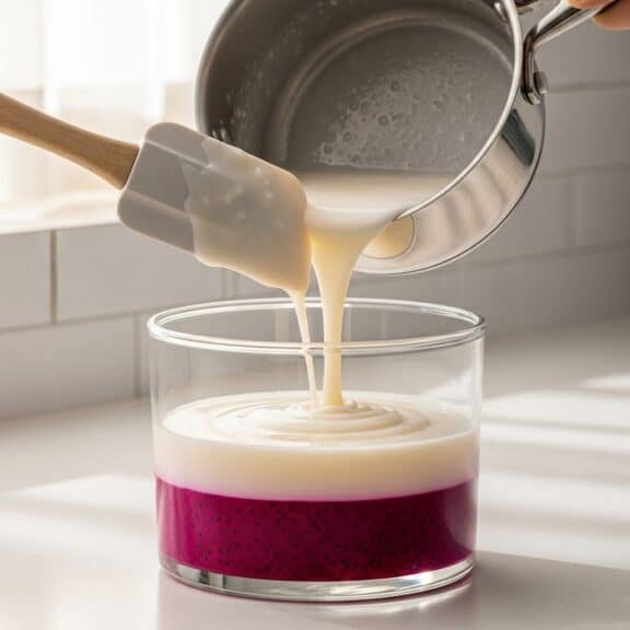 Creative Jello Desserts showing coconut milk being poured over a dragon fruit jelly layer in a clear mold.