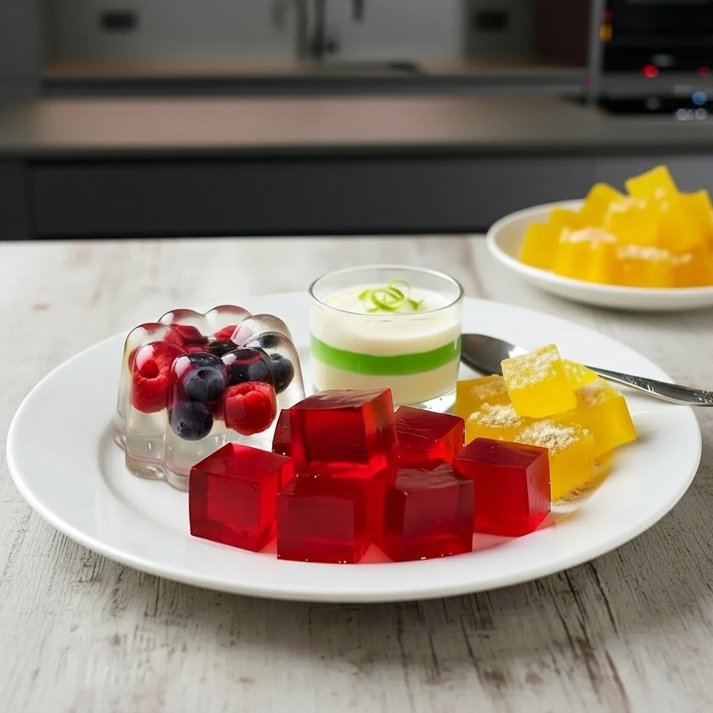 Red gelatin cubes and milk jelly