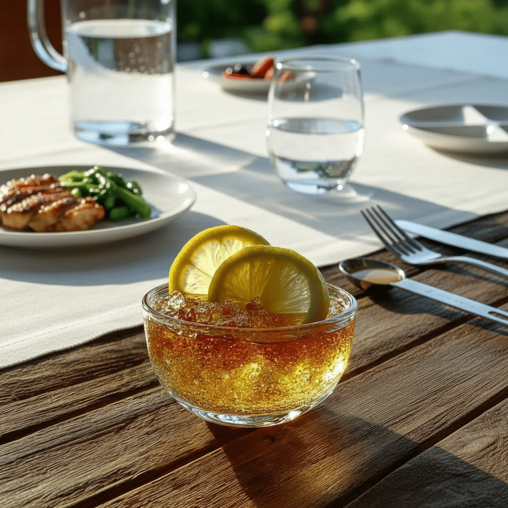 Creative Jello Desserts featuring clear lemon gelatin crystals in a glass bowl, topped with fresh lemon slices and served on a wooden table in natural daylight