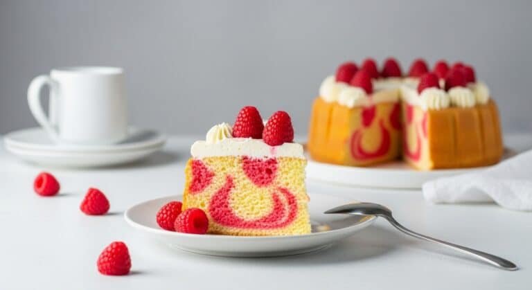 Creative Jello Desserts raspberry swirl cake slice with whipped topping and fresh raspberries on a white plate