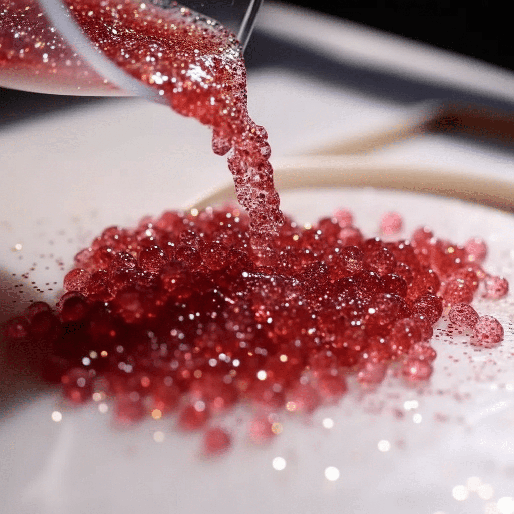 Creative Jello Desserts with close up view of sparkling red gelatin pearls made from cranberry mixture