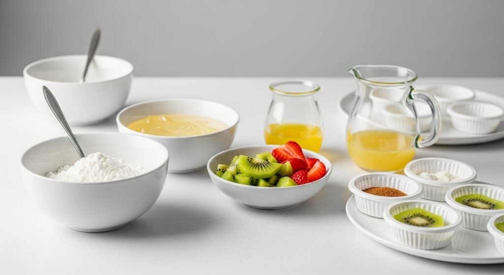 Gelatin Recipe For Weight Loss Reddit showing powdered gelatin, fresh fruit, fruit juice, and measured ingredients for a low calorie dessert