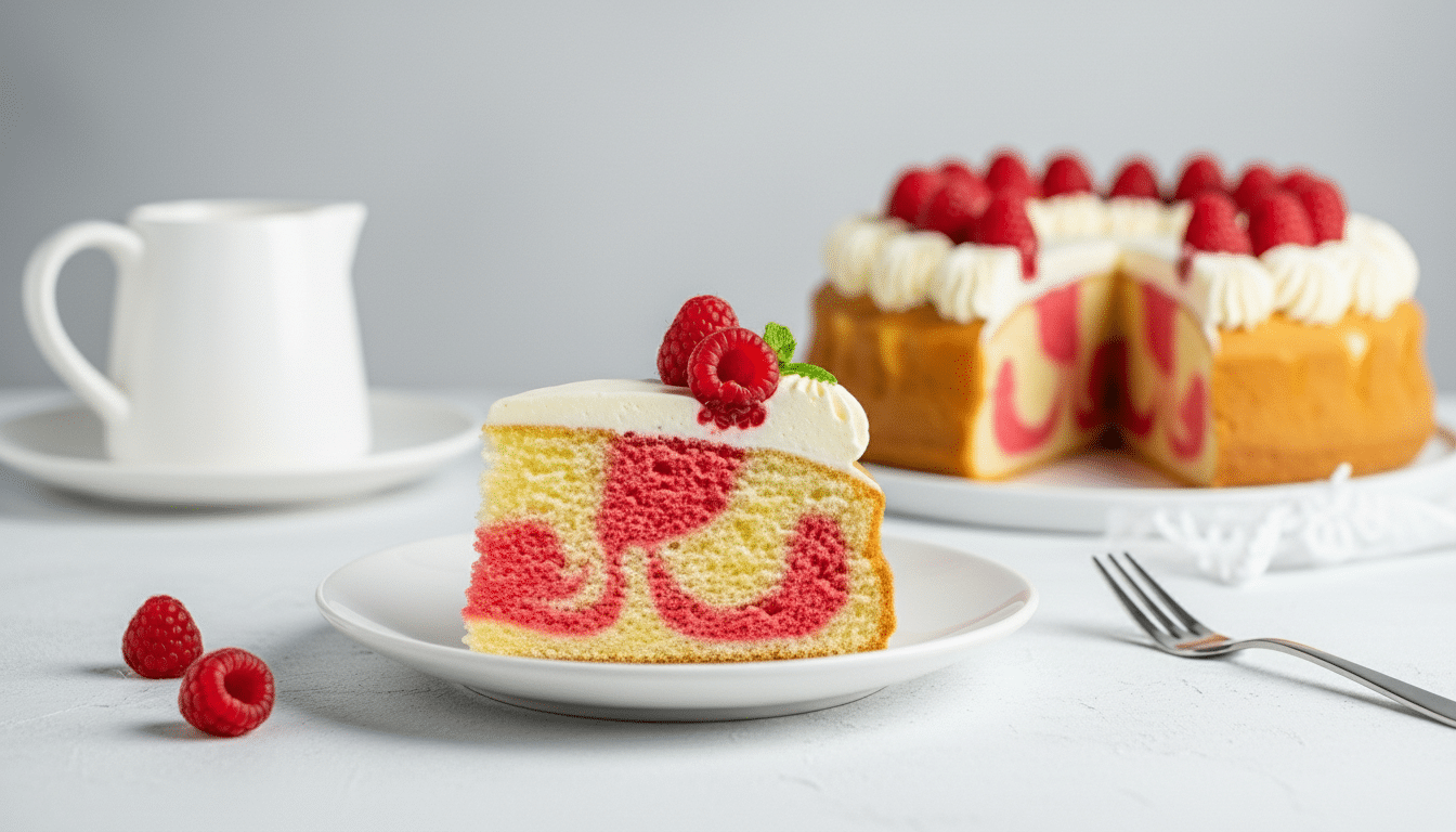 Creative Jello Desserts close up of a raspberry swirl cake slice with whipped cream and raspberries, whole cake behind