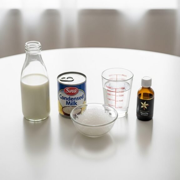 Ingredients of Agar Pudding Recipe Milk, condensed milk, sugar, water, and vanilla essence arranged on a white surface for making vanilla milk jelly.