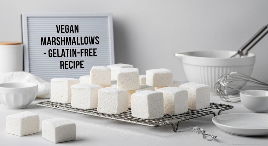Marshmallow Recipe Without Gelatin showing vegan marshmallows next to mixing bowls and whisk for gelatin-free preparation