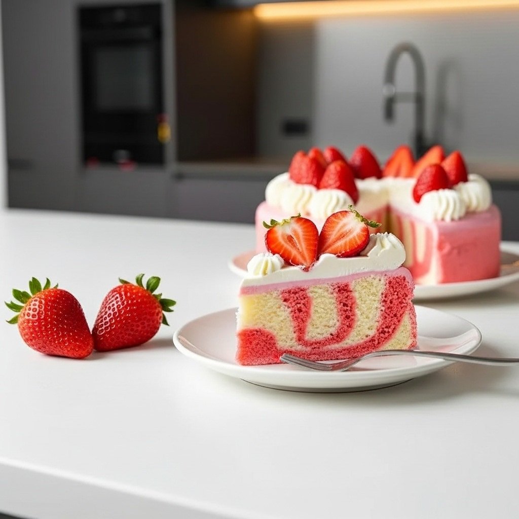 Slice of strawberry jello poke cake on plate with whole cake in background