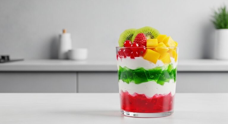 Fruit Jelly Trifle Cups layered with red and green jelly, white cream, and fresh fruit in a glass