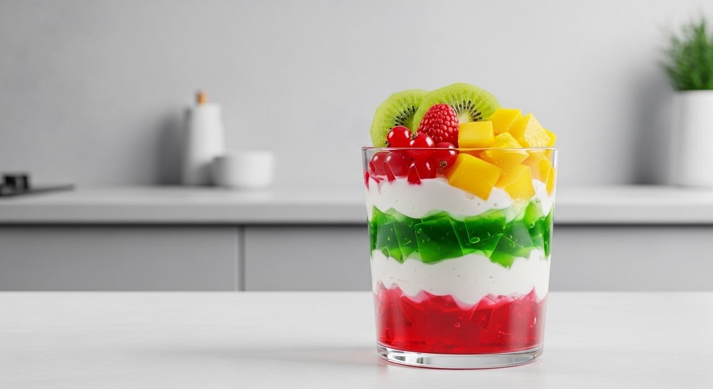 Fruit Jelly Trifle Cups layered with red and green jelly, white cream, and fresh fruit in a glass
