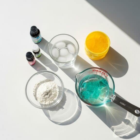 Ingredients of Gelatin Trick Ingredients Gelatin preparation ingredients including gelatin powder, ice water, flavoring drops, and melted gelatin in measuring cup.