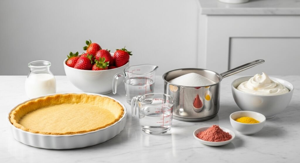 Gelatin Powder In Desserts ingredients with tart crust, milk, sugar, water, gelatin powders, and whipped cream on a marble counter