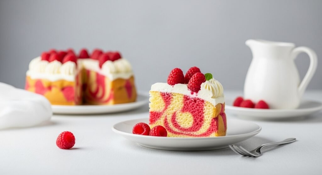 Ingredients of Creative Jello Desserts Gelatin Powder In Desserts raspberry swirl cake slice on plate with raspberries and a pitcher in the background